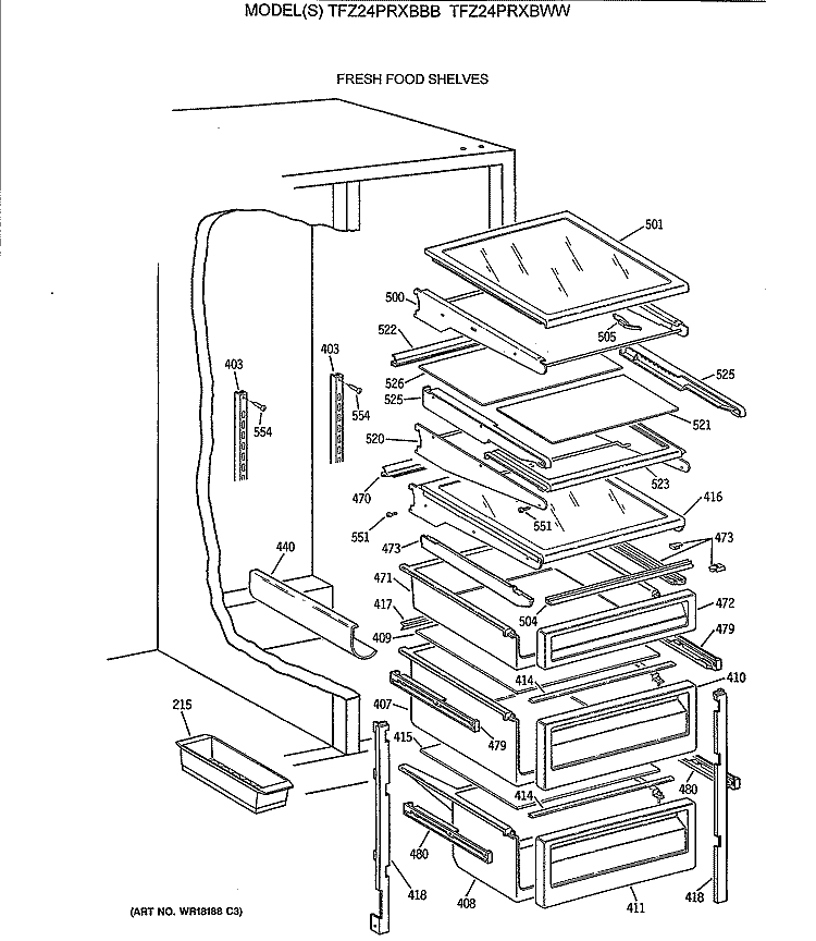 FRESH FOOD SHELVES Diagram and Parts List for TFZ24PRXBWW  General Electric Refrigerator