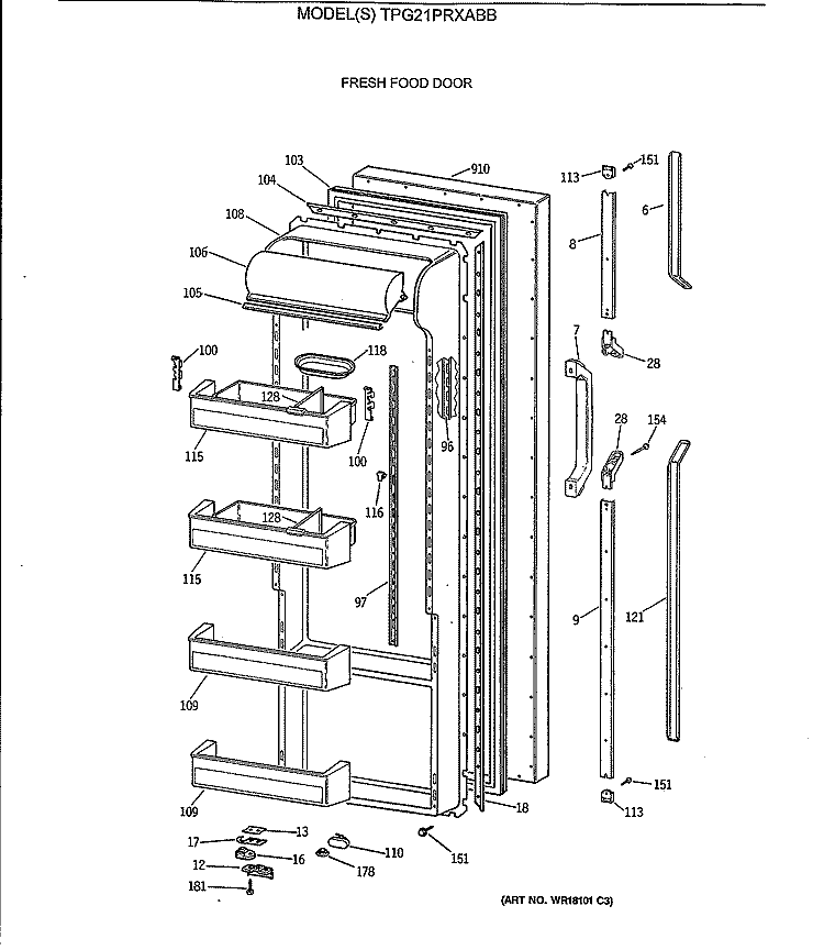 FRESH FOOD DOOR Diagram and Parts List for TPG21PRXABB  General Electric Refrigerator