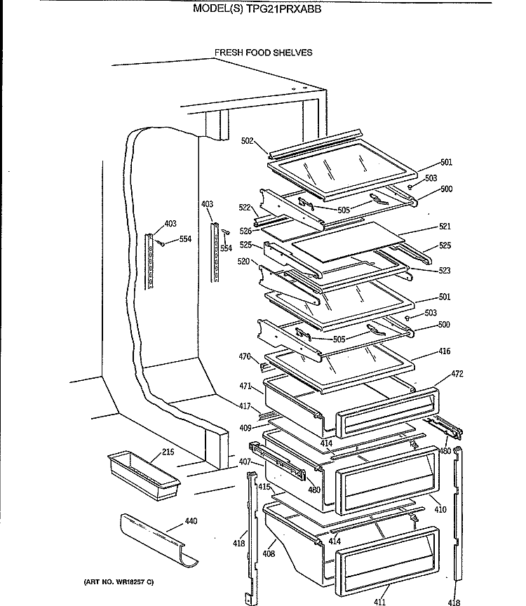 FRESH FOOD SHELVES Diagram and Parts List for TPG21PRXABB  General Electric Refrigerator