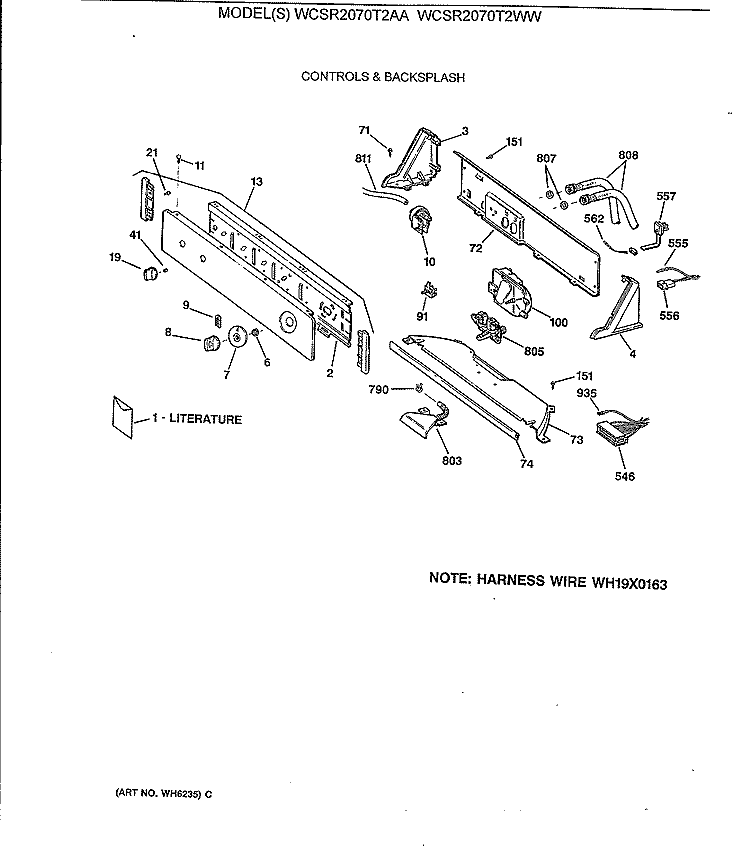 CONTROLS & BACKSPLASH Diagram and Parts List for WCSR2070T2AA  General Electric Washer