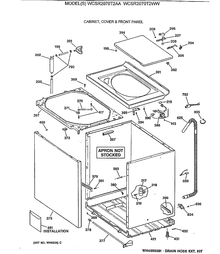 CABINET, COVER & FRONT PANEL Diagram and Parts List for WCSR2070T2AA  General Electric Washer