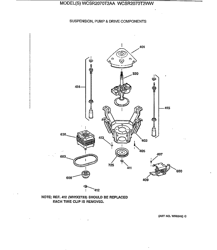 SUSPENSION, PUMP & DRIVE COMPONENTS Diagram and Parts List for WCSR2070T2AA  General Electric Washer