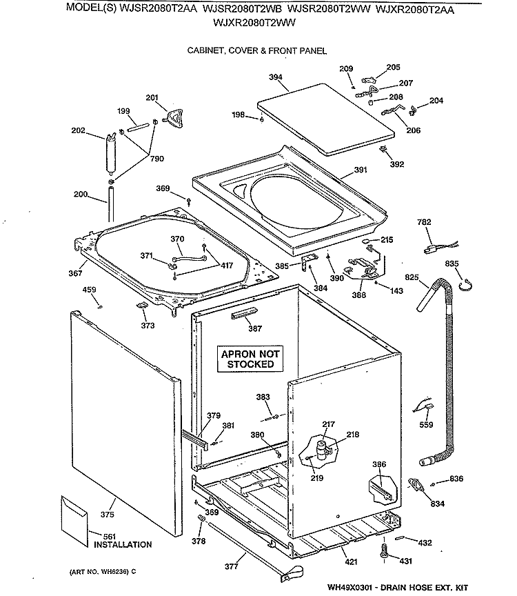 CABINET, COVER & FRONT PANEL Diagram and Parts List for WJXR2080T2AA  General Electric Washer