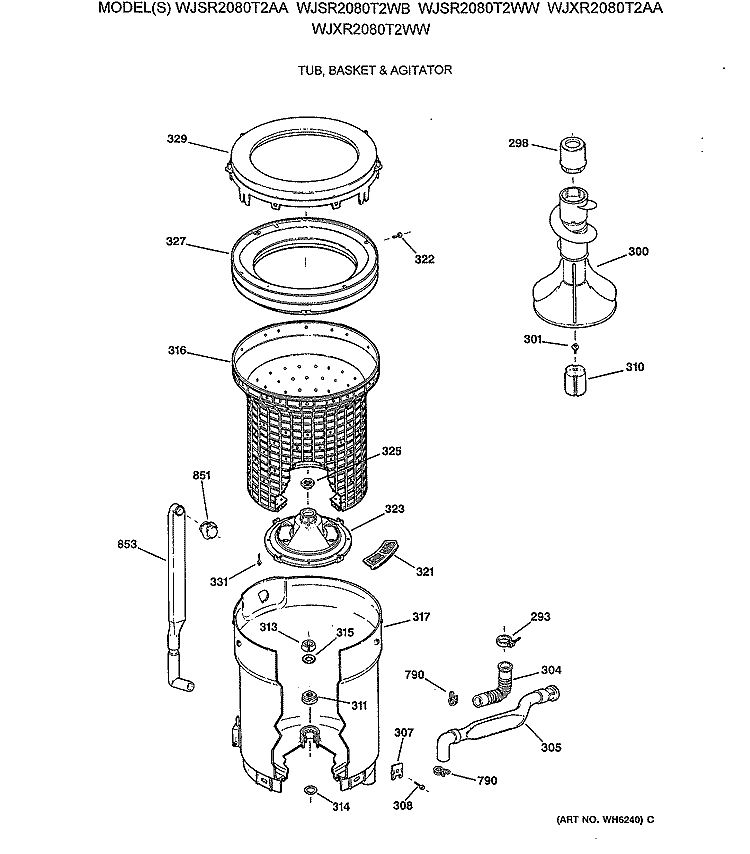 TUB, BASKET & AGITATOR Diagram and Parts List for WJXR2080T2AA  General Electric Washer