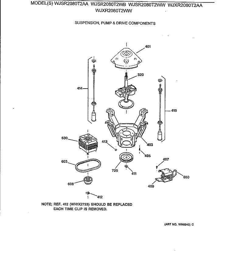 SUSPENSION, PUMP & DRIVE COMPONENTS Diagram and Parts List for WJXR2080T2AA  General Electric Washer