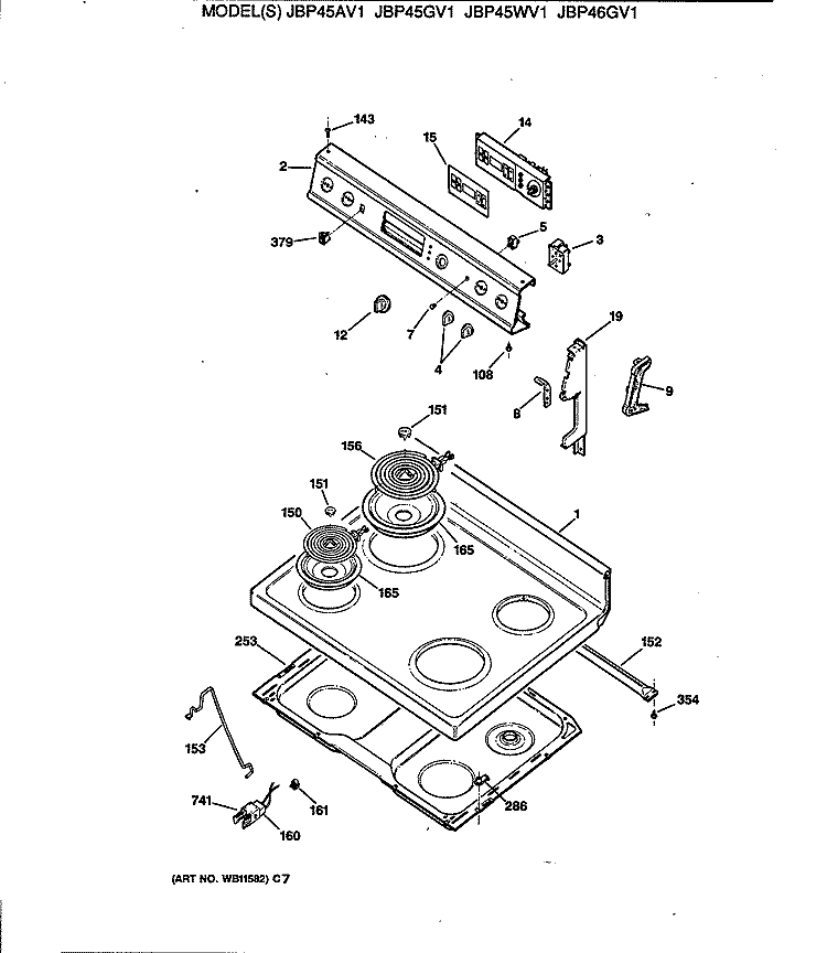 Section Diagram and Parts List for JBP45AV1  General Electric Range