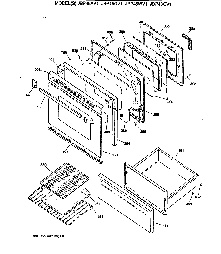 Section Diagram and Parts List for JBP45AV1  General Electric Range