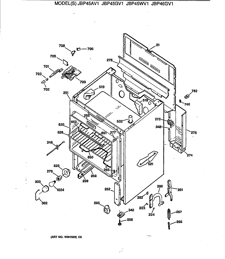 Section Diagram and Parts List for JBP45AV1  General Electric Range