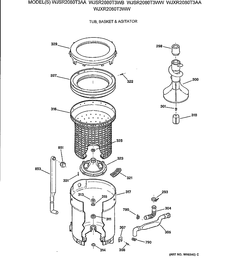 TUB, BASKET & AGITATOR Diagram and Parts List for WJSR2080T3WB  General Electric Washer
