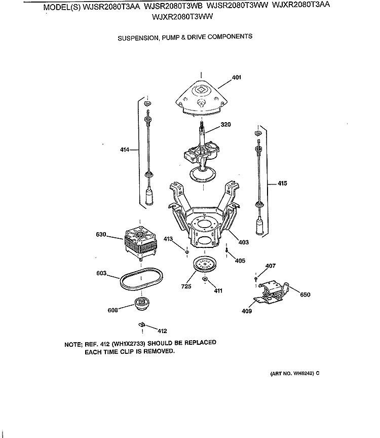 SUSPENSION, PUMP & DRIVE COMPONENTS Diagram and Parts List for WJSR2080T3WB  General Electric Washer