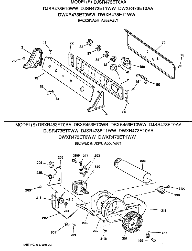 BACKSPLASH ASSEMBLY Diagram and Parts List for DBXR453ET0AA  General Electric Dryer