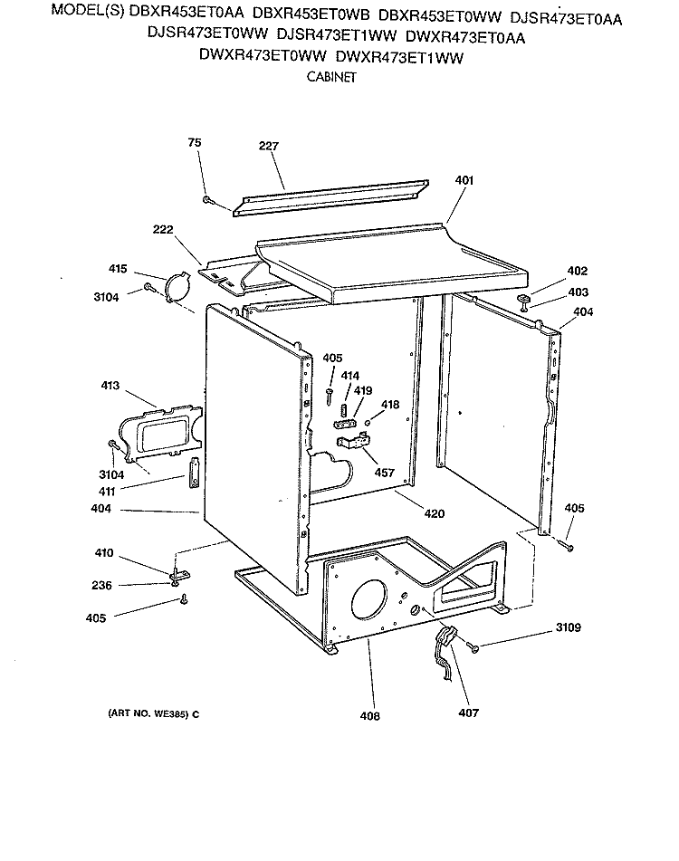 CABINET Diagram and Parts List for DBXR453ET0AA  General Electric Dryer