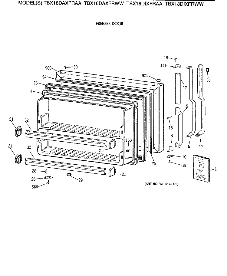 FREEZER DOOR Diagram and Parts List for TBX18DAXFRWW  General Electric Refrigerator