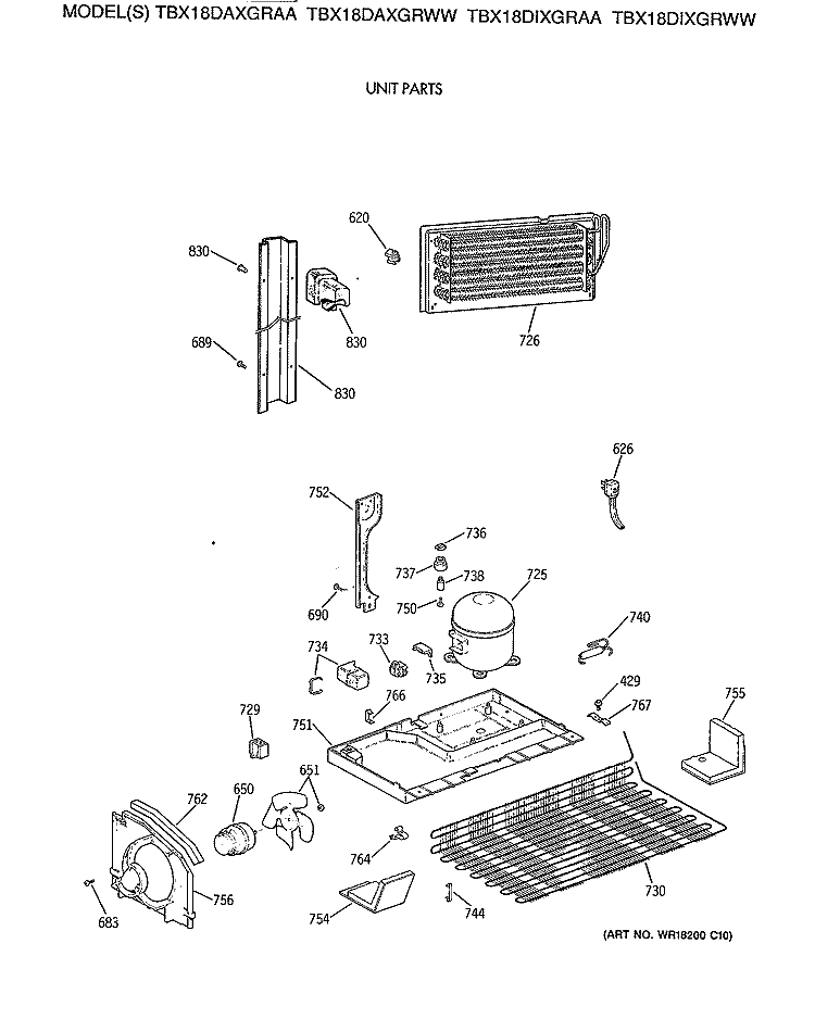 UNIT PARTS Diagram and Parts List for TBX18DAXGRAA  General Electric Refrigerator
