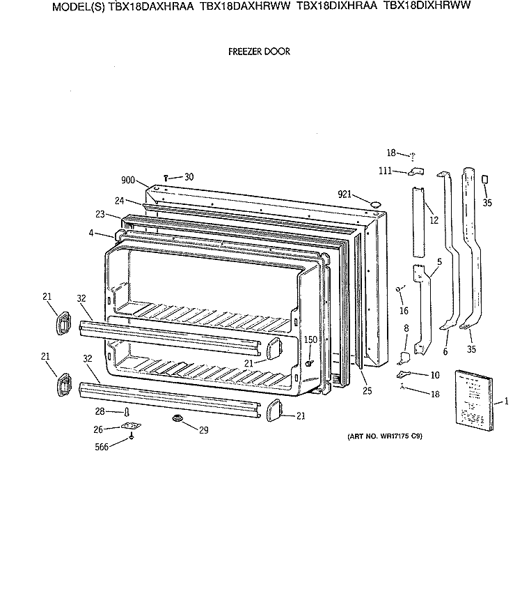 FREEZER DOOR Diagram and Parts List for TBX18DAXHRWW  General Electric Refrigerator