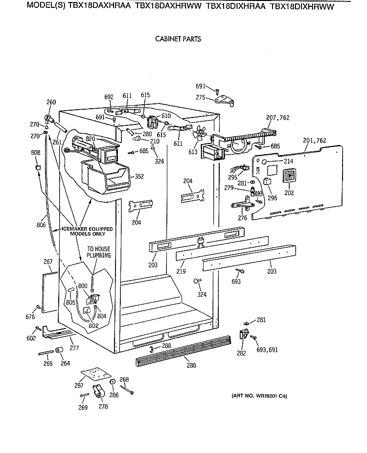 CABINET PARTS Diagram and Parts List for TBX18DAXHRWW  General Electric Refrigerator