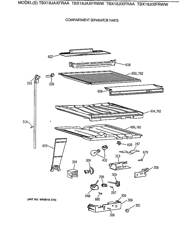 COMPARTMENT SEPARATOR PARTS Diagram and Parts List for TBX18JAXFRAA  General Electric Refrigerator