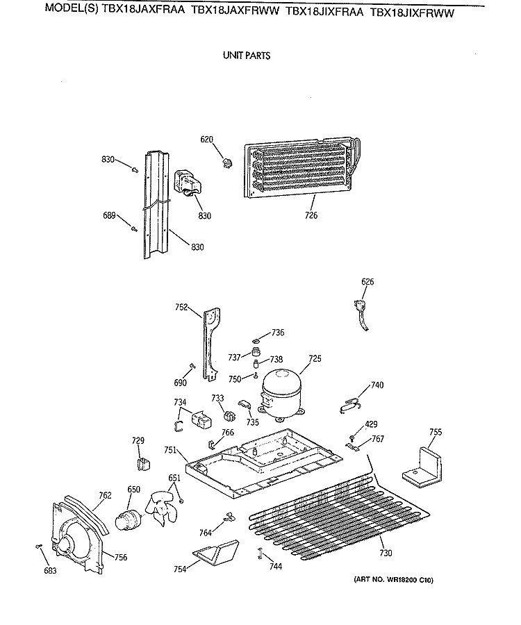 UNIT PARTS Diagram and Parts List for TBX18JAXFRAA  General Electric Refrigerator