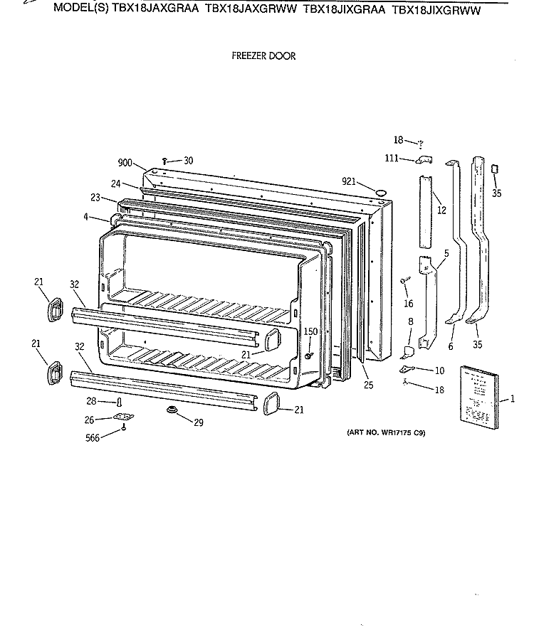 FREEZER DOOR Diagram and Parts List for TBX18JIXGRAA  General Electric Refrigerator