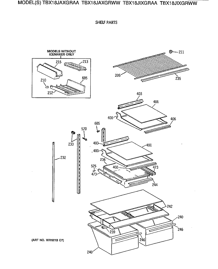 SHELF PARTS Diagram and Parts List for TBX18JIXGRAA  General Electric Refrigerator