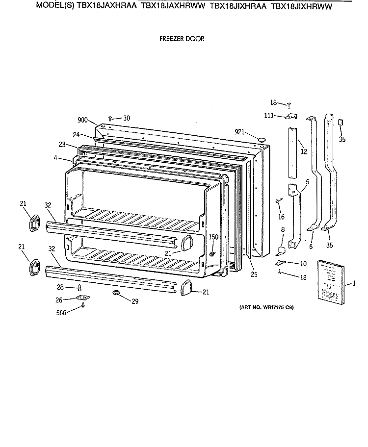 FREEZER DOOR Diagram and Parts List for TBX18JIXHRAA  General Electric Refrigerator