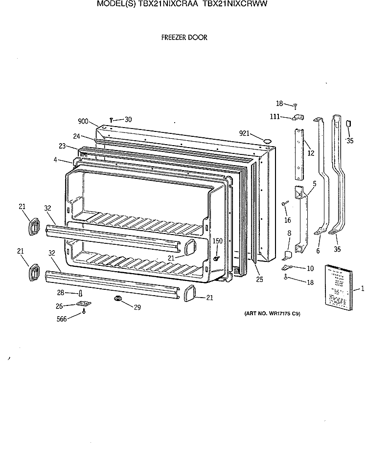 FREEZER DOOR Diagram and Parts List for TBX21NIXCRWW  General Electric Refrigerator