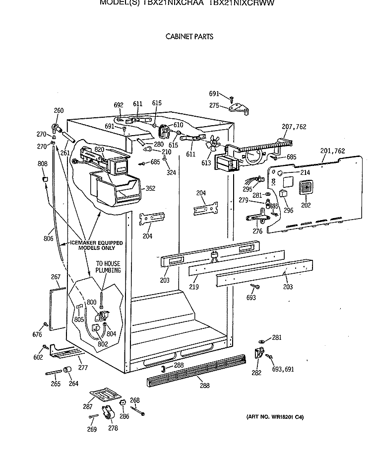 CABINET PARTS Diagram and Parts List for TBX21NIXCRWW  General Electric Refrigerator