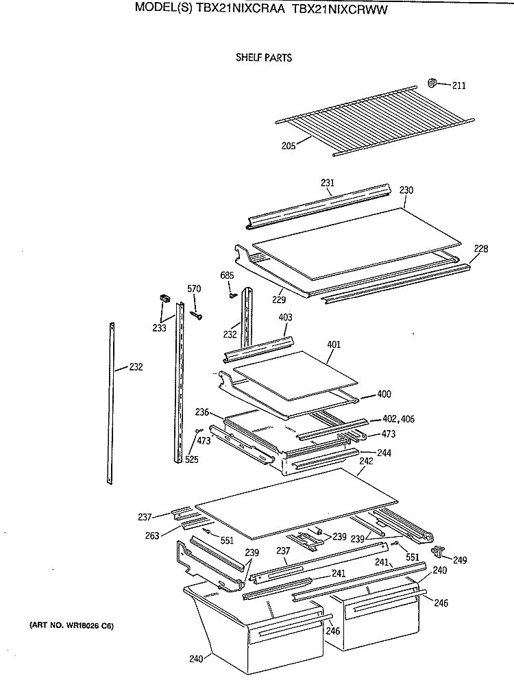 SHELF PARTS Diagram and Parts List for TBX21NIXCRWW  General Electric Refrigerator