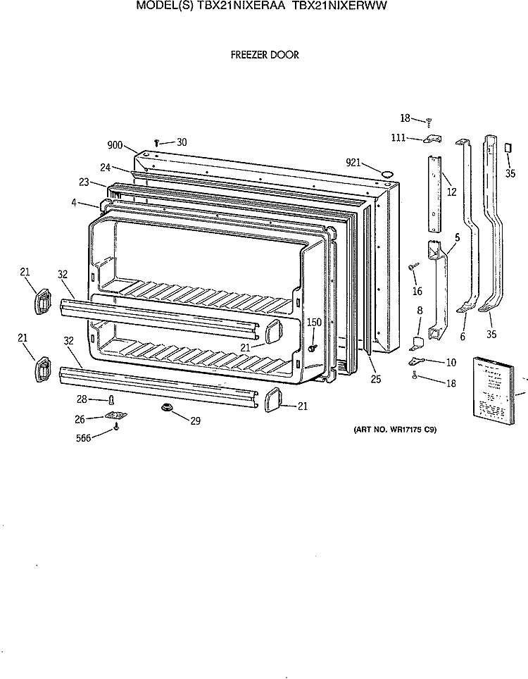 FREEZER DOOR Diagram and Parts List for TBX21NIXERAA  General Electric Refrigerator