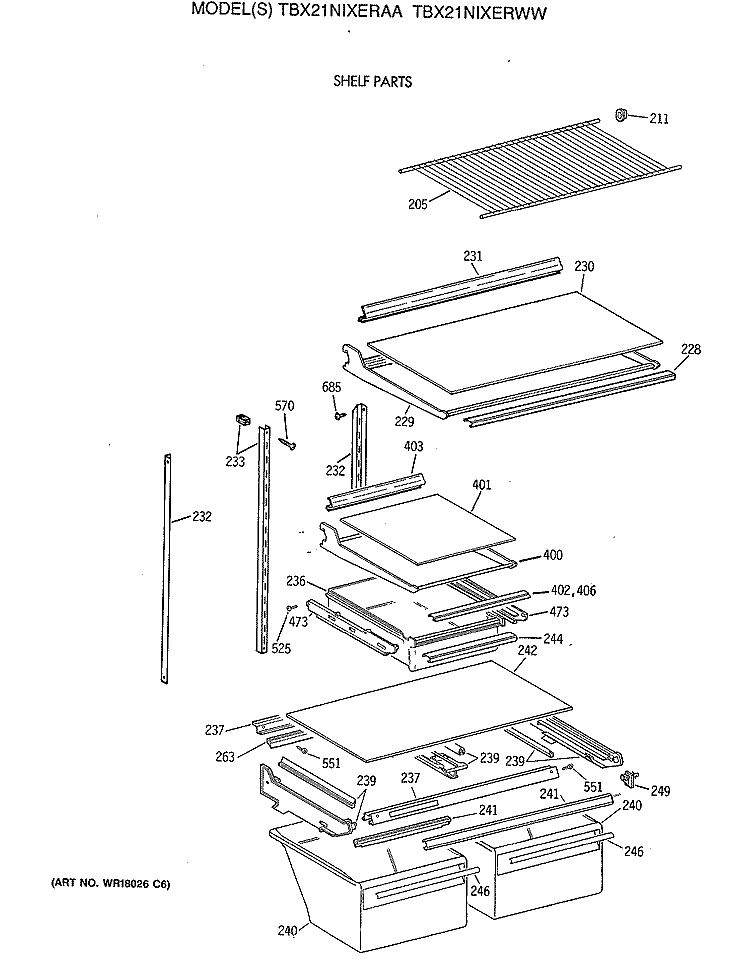 SHELF PARTS Diagram and Parts List for TBX21NIXERAA  General Electric Refrigerator
