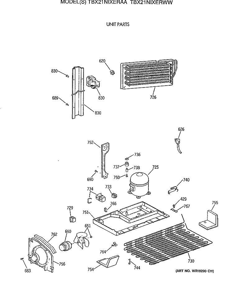 UNIT PARTS Diagram and Parts List for TBX21NIXERAA  General Electric Refrigerator