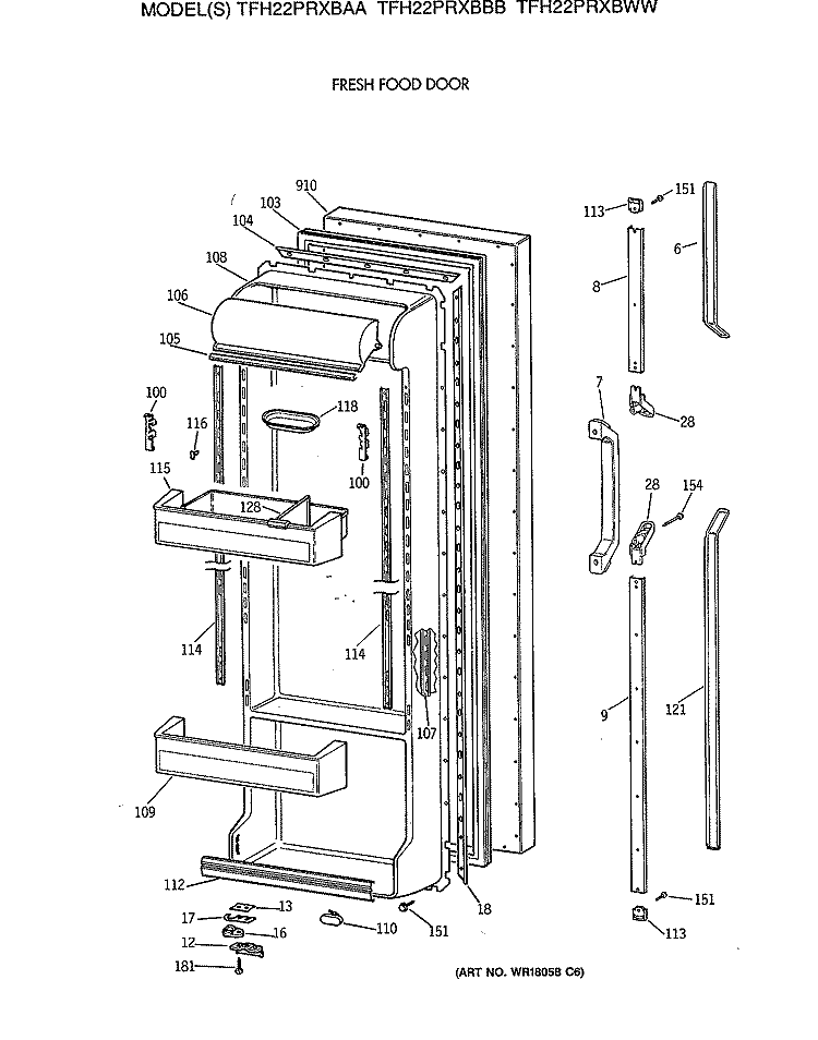 FRESH FOOD DOOR Diagram and Parts List for TFH22PRXBBB  General Electric Refrigerator