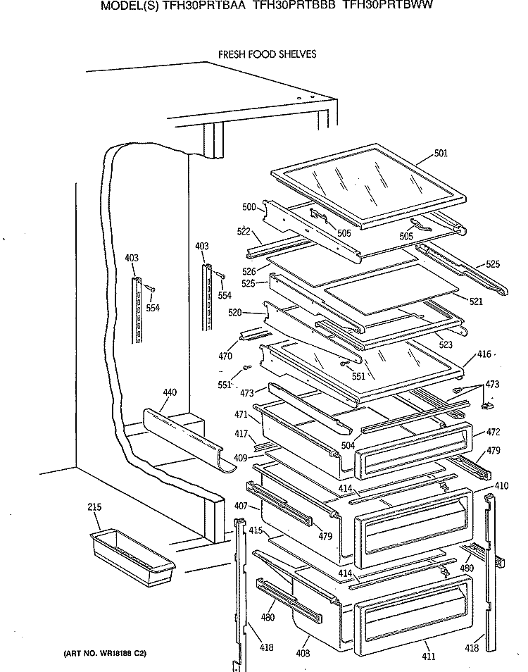 FRESH FOOD SHELVES Diagram and Parts List for TFH30PRTBAA  General Electric Refrigerator