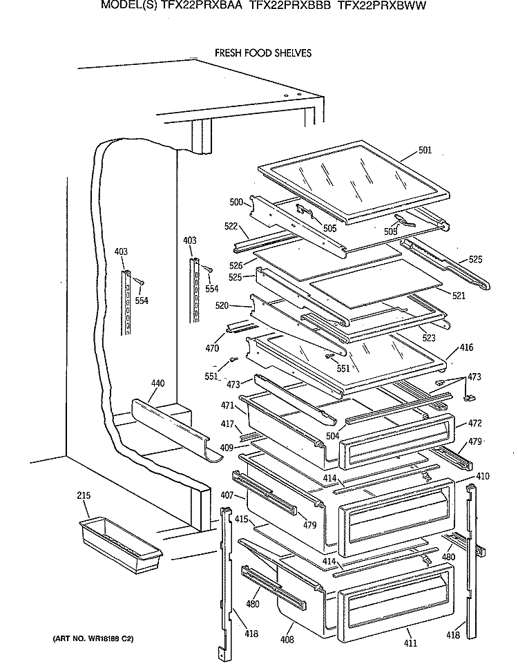 FRESH FOOD SHELVES Diagram and Parts List for TFX22PRXBAA  General Electric Refrigerator