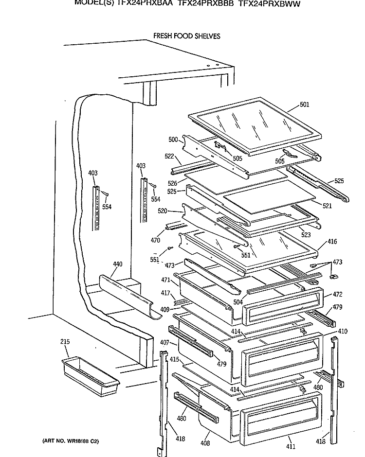 FRESH FOOD SHELVES Diagram and Parts List for TFX24PRXBWW  General Electric Refrigerator