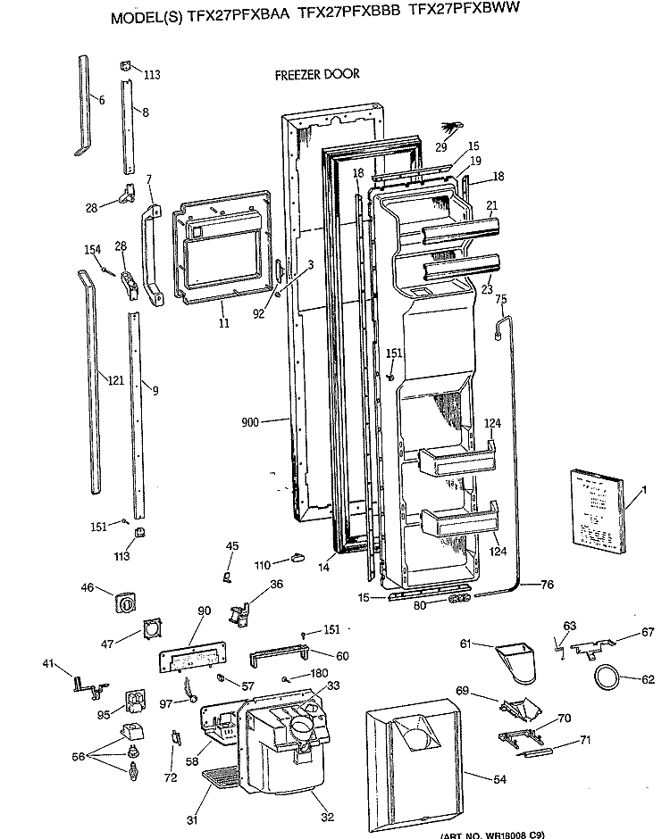 FREEZER DOOR Diagram and Parts List for TFX27PFXBAA  General Electric Refrigerator