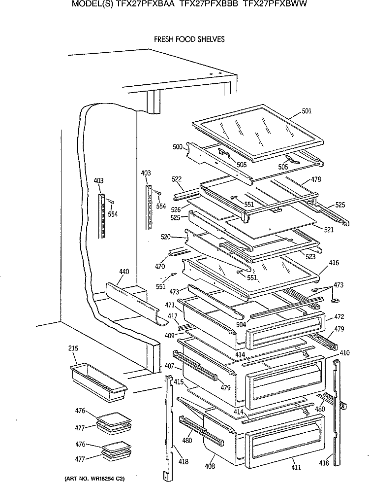 FRESH FOOD SHELVES Diagram and Parts List for TFX27PFXBAA  General Electric Refrigerator