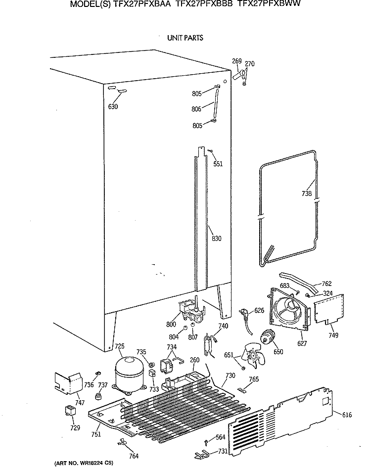 UNIT PARTS Diagram and Parts List for TFX27PFXBAA  General Electric Refrigerator