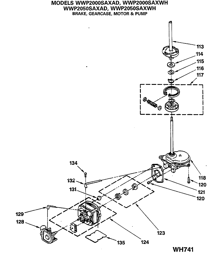 BRAKE, GEARCASE, MOTOR & PUMP Diagram and Parts List for WWP2000SAXAD  General Electric Washer