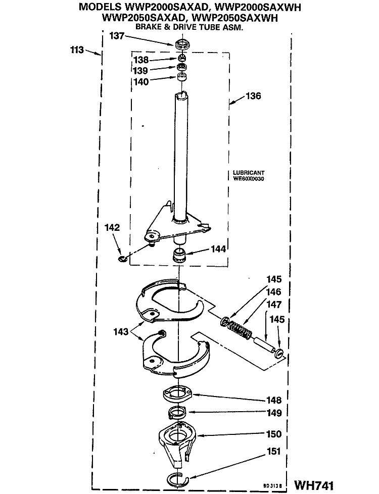 BRAKE & DRIVE TUBE ASM. Diagram and Parts List for WWP2000SAXAD  General Electric Washer