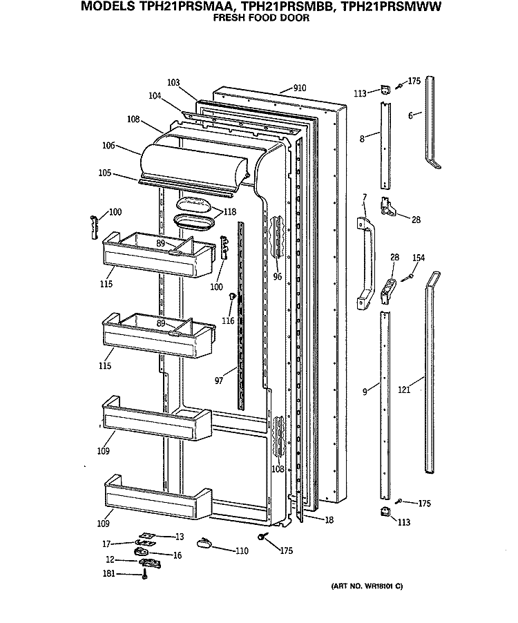 FRESH FOOD DOOR Diagram and Parts List for TPH21PRSMAA  General Electric Refrigerator
