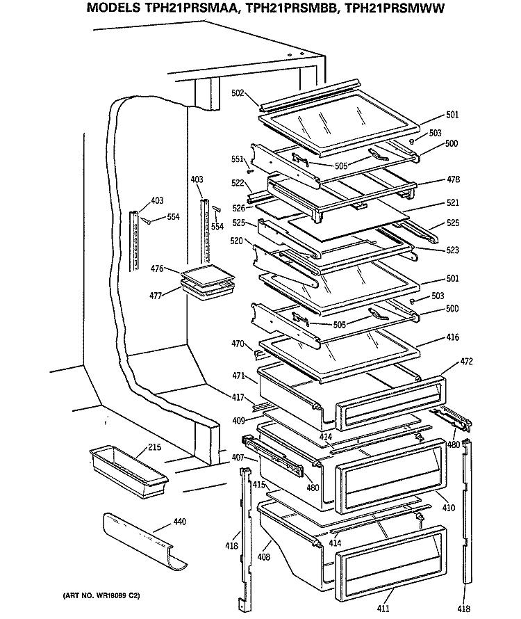 Section Diagram and Parts List for TPH21PRSMAA  General Electric Refrigerator