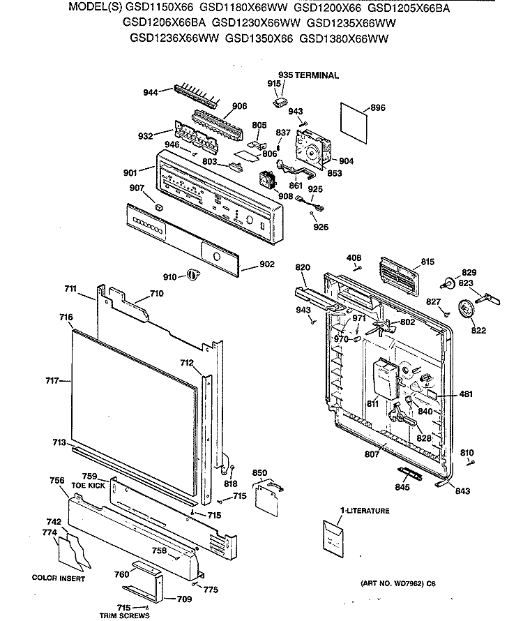 Section Diagram and Parts List for GSD1350X66  General Electric Dishwasher