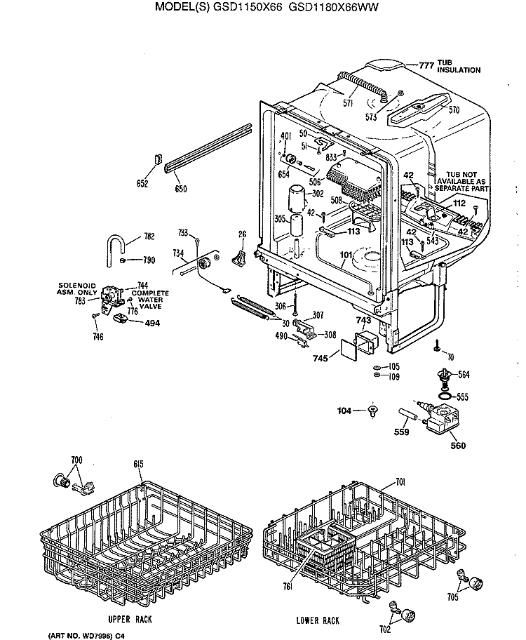 Section Diagram and Parts List for GSD1350X66  General Electric Dishwasher