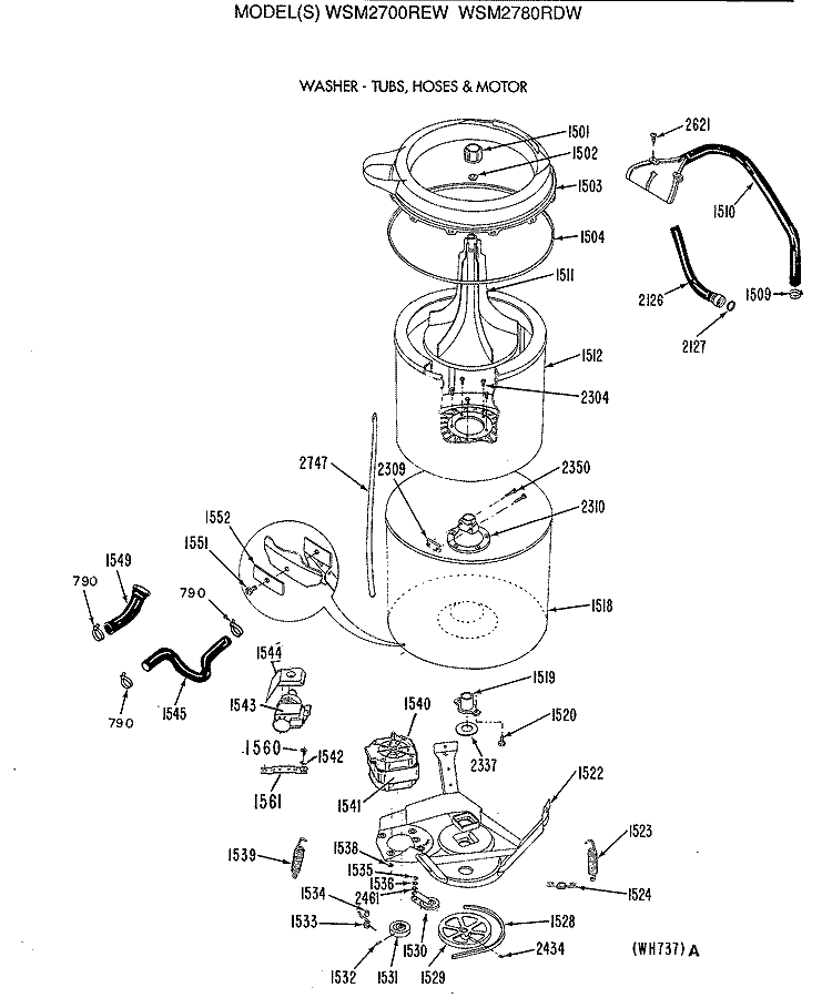 WASHER - TUBS, HOSES & MOTOR Diagram and Parts List for WSM2700REW  General Electric Washer Dryer Combo