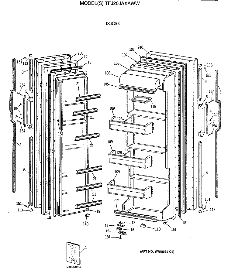 DOORS Diagram and Parts List for TFJ20JAXAWW  General Electric Refrigerator