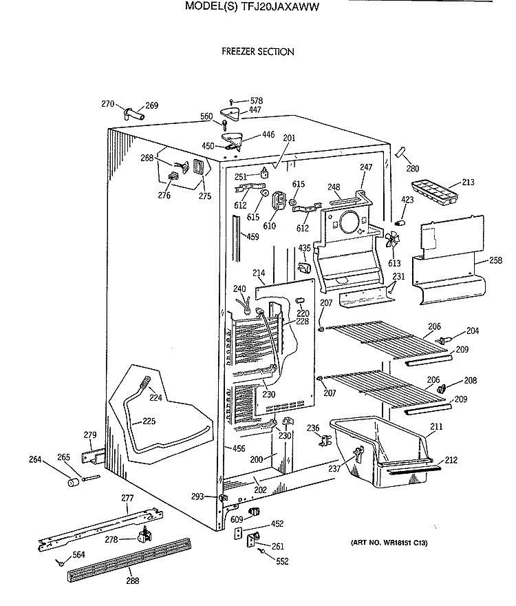 FREEZER SECTION Diagram and Parts List for TFJ20JAXAWW  General Electric Refrigerator