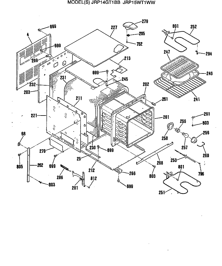 Section Diagram and Parts List for JRP15WT1WW  General Electric Wall Oven