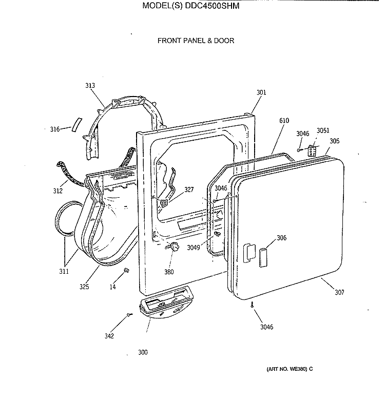 FRONT PANEL & DOOR Diagram and Parts List for DDC4500SHM  General Electric Dryer
