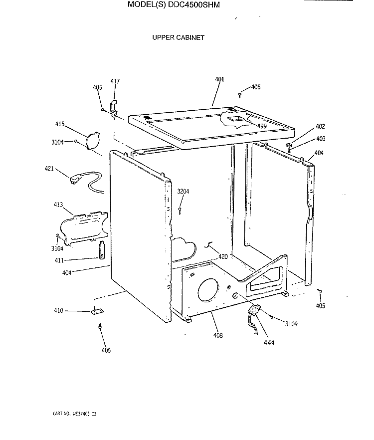 UPPER CABINET Diagram and Parts List for DDC4500SHM  General Electric Dryer